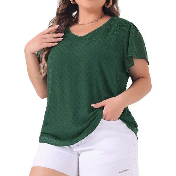 Plus Size Blouses Pin Dots Smocked Flare Sleeve Tops Dark Green - Picture 1 of 6